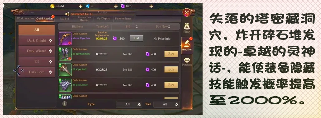 失落的塔密藏洞穴,炸开碎石堆发现的-卓越的灵神话-,能使装备隐藏技能触发概率提高至2000%。